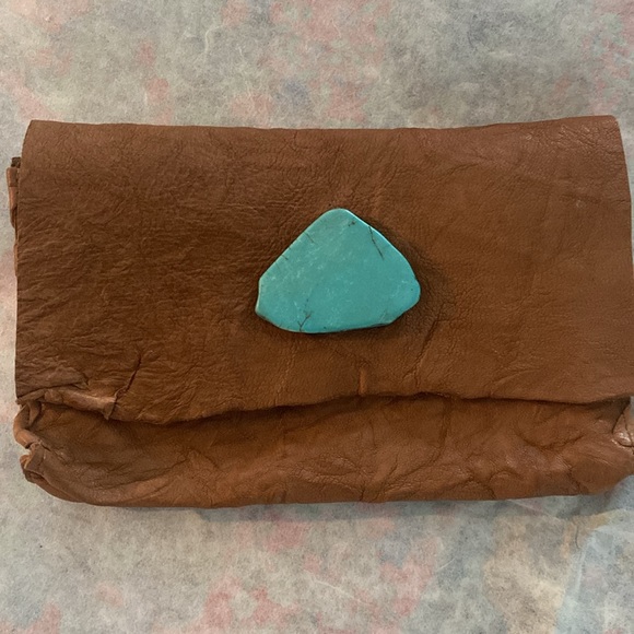 Anat Marin Soft Leather Wallet/Clutch in color Cognac with Turquoise Stone. - Picture 5 of 10